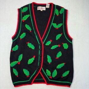 Bechamel Vintage Christmas Sweater Vest Small Holly Berry Knit Holiday Black